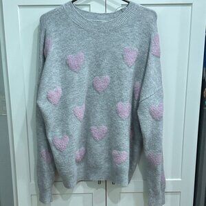 MM by MY Michelle, XL Womens Gray Sweater, with Pink Hearts, Long Sleeve